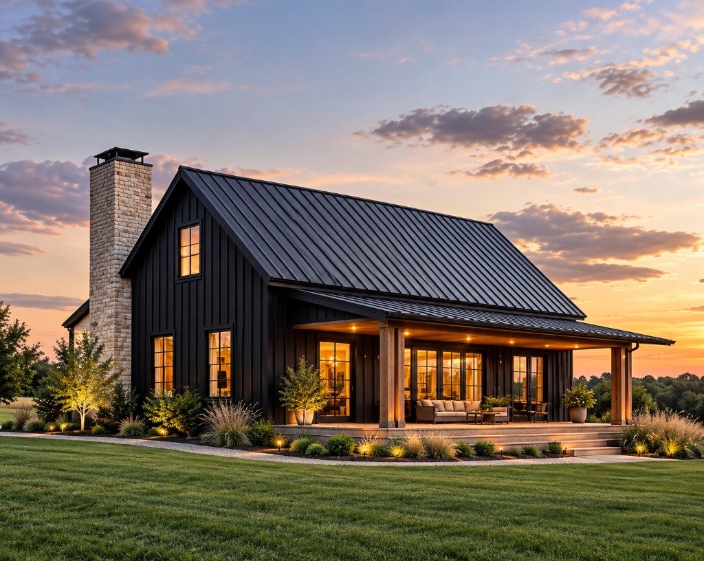 Modern barndominium exterior at dusk